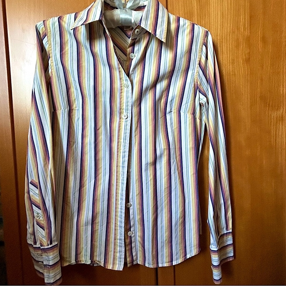 J. Crew Women’s button down Shirt Vertical Yellow, Blue, and Red Stripes Size XS